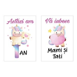 Set 20 cartonase aniversare de tip baby milestone pentru fotografierea bebelusului tau, model Unicorn roz - jucării și echipamente pentru copii - daruri de botez - Artynos.ro