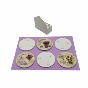 Set 6 suporti rotunzi de pahare din lemn de 9,8 cm diametru si cutie depozitare Home, Lavender Provence - accesorii locuință - accesorii pentru echipamente de bucătărie - accesorii de servire - suporturi pahare - Artynos.ro