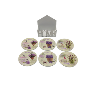 Set 6 suporti rotunzi de pahare din lemn de 9,8 cm diametru si cutie depozitare Home, Lavender Provence - accesorii locuință - accesorii pentru echipamente de bucătărie - accesorii de servire - suporturi pahare - Artynos.ro