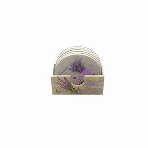 Set 6 suporti rotunzi de pahare din lemn de 9,8 cm diametru si cutie depozitare, design lavanda si fluturi, multicolori - Artynos.ro