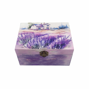 Cutie lemn, casa si lavanda, decorata si vopsita manual, unicat, Accesorii locuință, Materiale de depozitare și sortare, Cutie, Decoupage, transfer și tehnici șervețel, Obiecte pictate, ARTYNOS