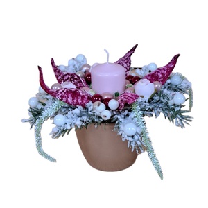 Aranjament unicat pentru sarbatorile de iarna in vas ceramic cu lumanare roz, brad si plante uscate - accesorii de crăciun - decorațiuni de advent - decor de masa advent - Artynos.ro