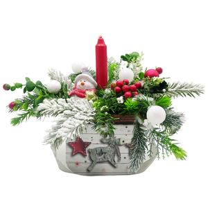 Aranjament handmade pentru sarbatori de iarna cu lumanare si om de zapada cu steluta - accesorii de crăciun - decorațiuni de advent - decor de masa advent - Artynos.ro