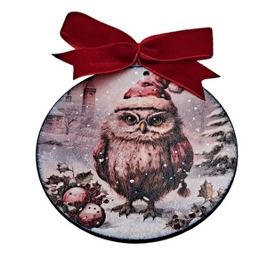 Glob lemn pentru Craciun, bufnita cu caciula rosie, Accesorii de Crăciun, Decorațiuni de Crăciun de casă, Decorațiuni pentru pomul de Crăciun, Decoupage, transfer și tehnici șervețel, ARTYNOS