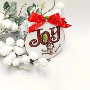 Glob lemn pentru Craciun, Joy Snowman, Accesorii de Crăciun, Decorațiuni de Crăciun de casă, Decorațiuni pentru pomul de Crăciun, Decoupage, transfer și tehnici șervețel, Obiecte pictate, ARTYNOS