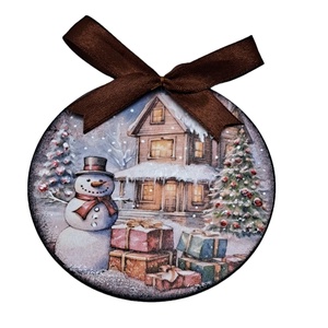 Glob lemn pentru Craciun, decor impodobit cu casa si om de zapada cu cadouri , Accesorii de Crăciun, Decorațiuni de Crăciun de casă, Decorațiuni pentru pomul de Crăciun, Decoupage, transfer și tehnici șervețel, Obiecte pictate, ARTYNOS