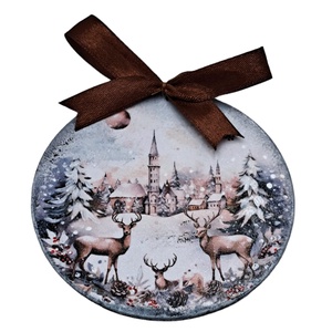 Glob lemn pentru Craciun cu peisaj iarna cu caprioare 5, Accesorii de Crăciun, Decorațiuni de Crăciun de casă, Decorațiuni pentru pomul de Crăciun, Decoupage, transfer și tehnici șervețel, Obiecte pictate, ARTYNOS