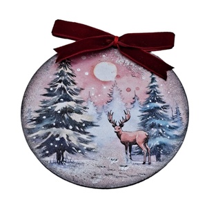 Glob lemn pentru Craciun cu peisaj iarna cu caprioare 6, Accesorii de Crăciun, Decorațiuni de Crăciun de casă, Decorațiuni pentru pomul de Crăciun, Decoupage, transfer și tehnici șervețel, Obiecte pictate, ARTYNOS