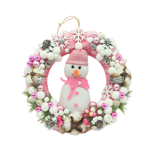 Coronita pentru Craciun, realizata manual, cu om de zapada, roz alb, 30 cm  3119 - accesorii de crăciun - decorațiuni de advent - coroniță advent - Artynos.ro