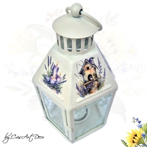 Felinar decorativ alb din metal cu model lavanda - 120806 - casă & stil de viață - lumânări, parfumuri, arome - suport lumânări - Artynos.ro