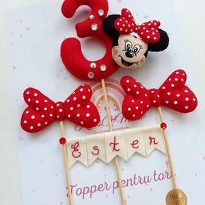 Topper personalizat pentru tort cu cifra aniversara tema Minnie - casă & stil de viață - accesorii pentru echipamente de bucătărie - accesorii pentru coacere și gătit - decorațiuni de prăjituri și torturi - Artynos.ro