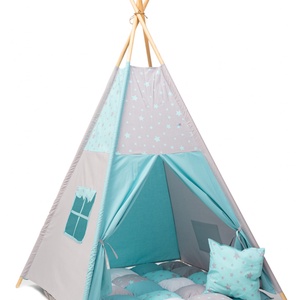 Cort TeePee Animăluțe Steluțe mentă , Jucării și echipamente pentru copii, Corturi copii, căsuțe copii, Patchwork, matlasare, Țesătură, ARTYNOS