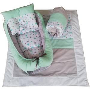 Set Baby Nest Si Pernuta pentru alaptat, Stele Gri-Menta, 4 Piese - casă & stil de viață - echipament pentru camera copiilor - cuib pentru copii - Artynos.ro