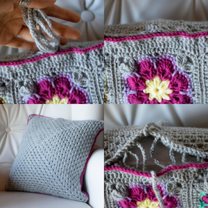 Fata de perna crosetata cu doua fete de 40x40cm.Una dintre fete este din granny squares, iar cealalta monocroma. - casă & stil de viață - textile de casă - perne decorative, perne - Artynos.ro