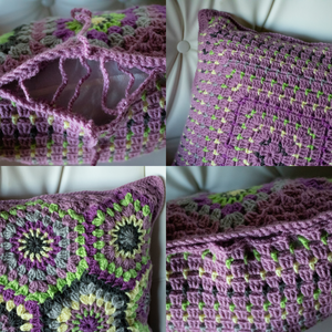 Fata de perna crosetata cu doua fete de 40x40cm.Una dintre fete este din granny squares hexagon, iar cealalta simpla. - accesorii locuință - textile de casă - perne scaun, huse perne de scaun - Artynos.ro