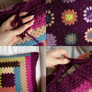 Fata de perna crosetata cu doua fete de 40x40cm.Una dintre fete este din granny squares florale, cealalta in dungi - accesorii locuință - textile de casă - perne decorative, perne - Artynos.ro