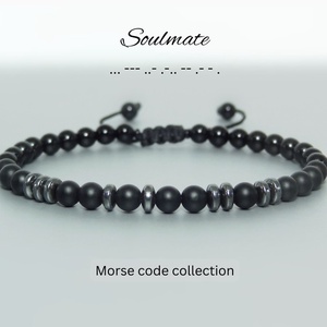 Soulmate - Bratara barbati sau unisex - cu mesaj in cod morse din onix si hematit  - bijuterii - brățări - brățară cu mărgele - Artynos.ro