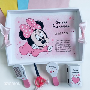 Set prima aniversare fetita Minnie tava mot personalizata pictata manual, Jucării și echipamente pentru copii, Saci și seturi pentru copii, Seturi pentru copii, Obiecte pictate, Pictură, ARTYNOS