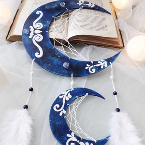 Prinzător de vise semilună, Dream Catcher cu cristale, Decor de perete albastru/alb, Accesorii locuință, Accesorii pentru decorat casa, Decorațiuni de pereți, decorațiuni suspendate, Capcană de vise, Înnoda, Pictură, ARTYNOS