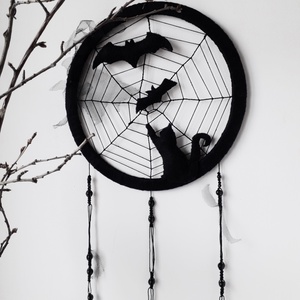 Dreamcatcher pisica neagră, Prinzator de vise pisică și lilieci, Decor perete negru, Decor Halloween - casă & stil de viață - accesorii pentru decorat casa - decorațiuni de pereți, decorațiuni suspendate - capcană de vise - Artynos.ro