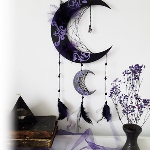 Prinzător de vise semilună, Dream Catcher cu ametist, Decor de perete negru/mov - casă & stil de viață - accesorii pentru decorat casa - decorațiuni de pereți, decorațiuni suspendate - capcană de vise - Artynos.ro