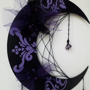 Prinzător de vise semilună, Dream Catcher cu ametist, Decor de perete negru/mov - casă & stil de viață - accesorii pentru decorat casa - decorațiuni de pereți, decorațiuni suspendate - capcană de vise - Artynos.ro