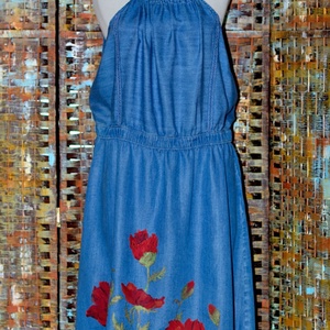 Rochie denim, pictata manual, unicat , Maci, Îmbrăcăminte și modă, Haine damă, Rochie, dintr-o bucată, Pictură, ARTYNOS